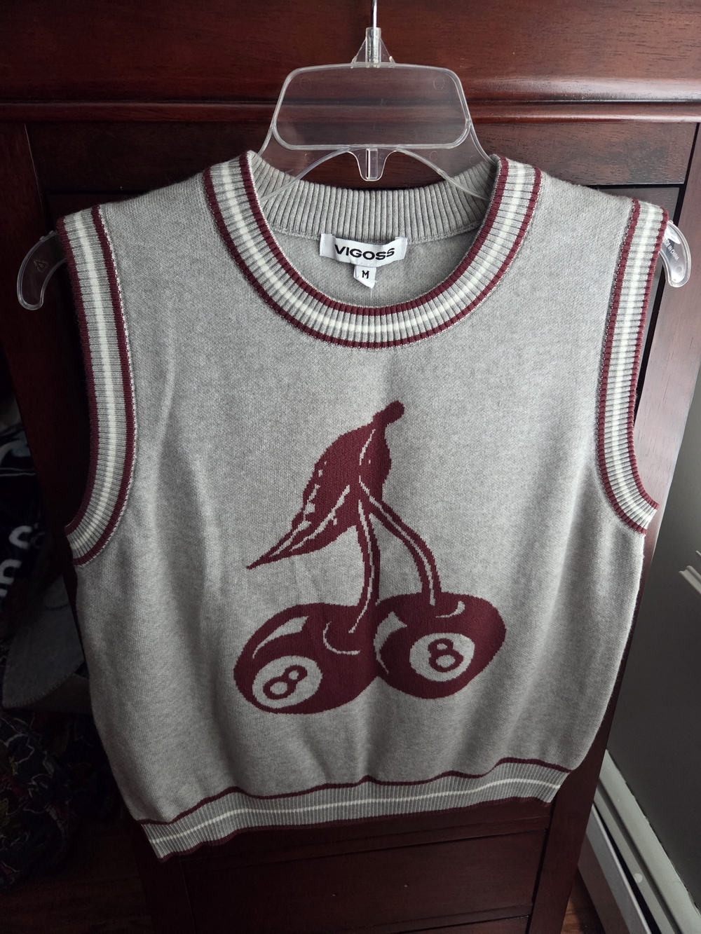 NWT Vigoss Gray Sweater Vest with Burgundy Cherry Graphic